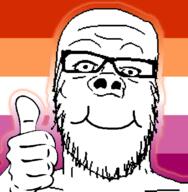closed_mouth flag flag:lesbian_pride_flag glasses hand lesbian lgbt profile_picture smile soyjak stubble thumbs_up tranny tumblr variant:a24_slowburn_soyjak // 600x612 // 70.1KB
