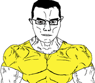 black_hair brown_eyes creator_(user) fixed glasses grin meta:namefags meta:not_a_fucking_duplicate meta:self_insert muscles subvariant:muscular_chud variant:chudjak yellow_shirt // 1059x929 // 34.7KB