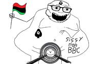 arm bbc flag glasses holding_flag holding_object leg magnifying_glass nsfw open_mouth pan_african penis queen_of_spades slopjak soyjak stubble tattoo text variant:roundjak // 1337x886 // 302.5KB