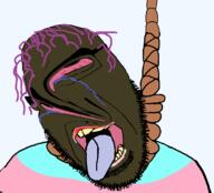 ack bloodshot_eyes brown_troonjak crying dead hanging lipstick pink_hair rope tongue tranny trend:slopjak troon variant:cobson // 1500x1362 // 168.5KB
