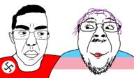 are_you_soying_what_im_soying closed_mouth eyelashes flag:nazi_germany flag:transgender_pride_flag lipstick looking_at_each_other nazism purple_hair smile tranny variant:bernd variant:chudjak // 2072x1224 // 64.7KB