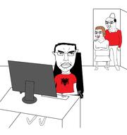 3soyjaks albania angry arm balding brown_hair chud closed_mouth clothes computer country ear female flag flag:albania glasses hair hand leg reichsadler soyjak subvariant:chudjak_front tshirt variant:chudjak wrinkles // 2250x2400 // 341.5KB