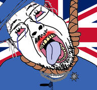 bloodshot_eyes clothes country crying elizabeth_ii flag grey_hair hair hat necklace open_mouth rope soyjak suicide tongue tranny united_kingdom variant:bernd // 760x704 // 391.5KB