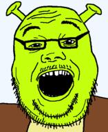 clothes dreamworks ear glasses green_skin mustache ogre ogre_ears open_mouth redraw shrek soyjak stubble subvariant:soylicia variant:alicia // 418x511 // 14.7KB