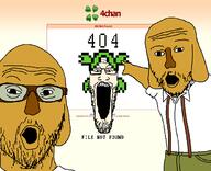 2soyjaks 3soyjaks 404 4chan anime arm ban clothes dog glasses green_hair hair hand janny mustache open_mouth pointing screenshot soyjak stubble suspenders text variant:markiplier_soyjak variant:two_pointing_soyjaks white_skin yellow_skin yotsoyba // 1360x1104 // 51.7KB