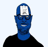 anime anime_female anime_girl beard black_clothing black_pants blue_skin buff elf_ears faggot gigachad glasses hand meta:soyoc nipple nose pointed_ears shirtless smile stubble tape tranime_girl variant:microplasticsjak vein yellow_eyes yellow_sclera // 464x446 // 33.6KB