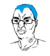 blue_hair clothes ear earring eyebrows frown glasses neck nose nose_piercing soyjak tattoo tshirt variant:chudjak // 1006x1126 // 234.4KB