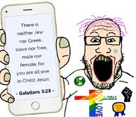 award badge black_lives_matter blm_logo christianity galatians_3:28 gay inclusive jesus lipstick open_mouth phone pink_hair rainbow soyjak star_of_david tobacco tranny troon variant:markiplier_soyjak weed yellow_teeth // 1045x900 // 496.9KB