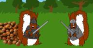 2soyjaks angry animal armor brown_eyes drawn_background full_body glasses grass hazelnut holding_object holding_sword knight medieval mustache nasal_helmet nut open_mouth soyjak squirrel subvariant:feralsquirrel sword tree variant:feraljak weapon // 1822x946 // 736.7KB