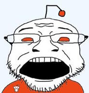 clothes glasses open_mouth orange_eyes reddit soyjak stubble tshirt variant:coinjak // 192x200 // 32.4KB