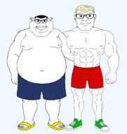 a10_eyes aliased blond blue_eyes buff closed_mouth ear eyes_like_the_o-o-cean fat fixed friendship glasses hair lips looking_at_you mewing mutt opposite sandals series:aryan_soyjaks series:muttverse series:trios_&_duos shoe shorts subvariant:brandaryan subvariant:branigger template transparent_background trend:aryan variant:brandon // 4188x4451 // 218.8KB