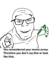 arrow closed_mouth glasses green_arrow greentext pointing pointing_at_viewer smile soyjak stubble text variant:feraljak // 1600x1800 // 361.6KB