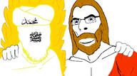 2soyjaks arabic_text beard blue_eyes brown_hair calligraphy christianity faceless flame glasses glowing hair hand hugging islam jesus long_hair muhammad no_eyes no_face no_more_brother_wars no_mouth no_nose soyjak stubble teeth text toga turban variant:cobson variant:feraljak white_skin yellow_hair // 1920x1070 // 335.5KB
