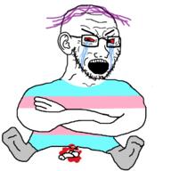 angry blood blood_splatter bloodshot_eyes castration crying ear flag:transgender_pride_flag foot genital_mutilation glasses hair penis purple_hair red_eyes severed_penis sock soyjak stubble trans variant:soyak // 1200x1200 // 180.6KB