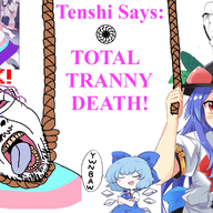 ack animated anime blood bloodshot_eyes blue_hair cirno clothes food fruit hat hinanawi_tenshi leaf noose rope sonnenrad total_tranny_death touhou tranny variant:cobson video_game // 2011x1330 // 10.7MB