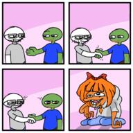 anti_ongezellig bowtie closed_mouth clothes frog full_body glasses green_skin hair mymy ongezellig open_mouth orange_hair orange_skin pepe soyjak stonetoss stubble tshirt variant:tossjak // 680x680 // 192.7KB