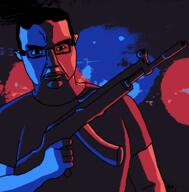 arm car closed_mouth clothes front_facing full_body glasses gun hair hand irl_background lightning neon night police road sam_hyde subvariant:chudjak_front template variant:chudjak // 1183x1200 // 47.5KB