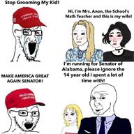 2soyjaks alabama americaca baseball_cap blond bloodshot_eyes clothes crying doomer_girl female femjak flower glasses groomer hat maga maga_hat meta:tagme open_mouth plant red_hat soyjak stubble subvariant:trad_wife teeth text variant:soyak wojak // 1024x1024 // 931.8KB