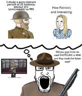 beard blond blue_eyes brodie_helmet chad clothes germany glasses gun hat helmet kaiser military monitor nordic_chad open_mouth shotgun soyjak stubble text thought_bubble trad_wife variant:markiplier_soyjak war white_skin yellow_hair // 680x800 // 377.0KB