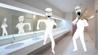 2soyjaks arm bathroom dance fiddle full_body glasses hand instrument irl_background leg mirror music open_mouth soyjak stubble variant:feraljak variant:markiplier_soyjak violin // 1769x985 // 1.3MB
