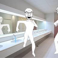 2soyjaks arm bathroom dance fiddle full_body glasses hand instrument irl_background leg mirror music open_mouth soyjak stubble variant:feraljak variant:markiplier_soyjak violin // 1769x985 // 1.3MB