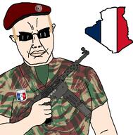 algeria algerian_war beret blonde_hair_ camoflauge clothes flag flag:france france glasses gun holding_gun lizard_camo map mat-49 oas smile smug sunglasses trend:aryan variant:chudjak // 1183x1200 // 651.9KB