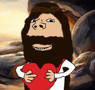 arm beard cave christianity clothes cross crown_of_thorns god hair hand holding_heart holding_object jesus smile soyjak subvariant:wholesome_soyjak teeth tomb variant:gapejak white_skin wholesome // 1229x1168 // 1.5MB
