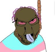 ack angry bloodshot_eyes brown_skin brown_troonjak crying distorted glasses hanging open_mouth purple_hair rope soyjak stubble tranny transgender_flag variant:feraljak // 932x867 // 84.3KB