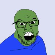 clothes frog glasses green green_skin open_mouth pepe soyjak stubble tshirt variant:feraljak // 1500x1500 // 26.4KB