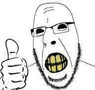 black_eyes clenched_teeth creepy glasses hand no_eyes soyjak stubble thumbs_up variant:cobson yellow_teeth // 762x722 // 95.3KB