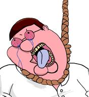 ack bloodshot_eyes brown_hair clothes crying double_chin family_guy glasses hair hanging noose open_mouth peter_griffin rope soy_parody soyjak tongue variant:bernd white_skin yellow_teeth // 857x937 // 52.3KB