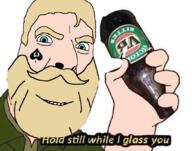 aryan beard beer blacked blue_eyes brenton_tarrant closed_mouth clothes eyes_like_the_o-o-cean glass hand holding_object smile soyjak spade text variant:cobson white_background yellow_beard yellow_eyebrows yellow_hair // 1080x848 // 670.4KB