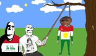 anime belt drawn_background flag:iraq glasses hanging holding_object holding_rope iraq kurd kurdistan lynching mustache rope subvariant:hornyson subvariant:wholesome_soyjak sun tree turkiye unibrow variant:cobson variant:gapejak // 1333x770 // 593.9KB