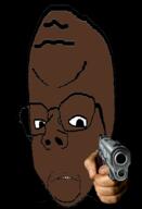 angry big_brain black_skin distorted firearm frown glasses gun hand holding_gun holding_object holding_pistol pistol soyjak stubble subvariant:rand subvariant:wholesome_soyjak variant:gapejak weapon // 395x581 // 82.4KB