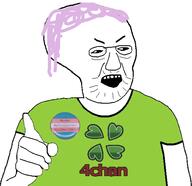 4chan arm clothes glasses hair hand open_mouth purple_hair soyjak stubble tranny tshirt variant:unknown // 487x472 // 54.5KB