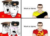 ahegao ancap blush capitalism closed_mouth communism flag:anarcho-capitalism flag:soviet_union glasses multiple_soyjaks open_mouth pointing soviet_union stubble subvariant:chudjak_front subvariant:muscular_chud variant:chudjak variant:cobson // 2380x1712 // 1.3MB