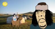 4soyjaks animal baby babyjak binky brown_eyes caca closed_mouth clothes diaper eye_bags goatee hat horse horseback_riding irl_background long_hair mongol mongolia moustache mustache smile smirk stubble subvariant:impish_horse subvariant:wholesome_soyjak sun variant:cobson variant:gapejak variant:impish_soyak_ears // 762x402 // 339.9KB