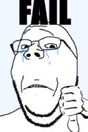 crying fail glasses hand sad soyjak stubble subvariant:wholesome_soyjak text thumbs_down variant:gapejak // 600x900 // 59.6KB