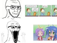 2soyjaks anime closed_mouth comic concerned excited garfield glasses hand hands_up lucky_star newspaper_comic open_mouth soyjak stubble subvariant:soyak_(irritated) subvariant:wewjak thing_japanese variant:soyak // 642x483 // 44.2KB