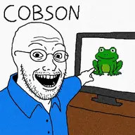 beard blue_shirt clothes cobson:cobson frog glasses meta:ai_generated meta:not_oc open_mouth pointing shirts smile television variant:unknown variant:wojak // 1024x1024 // 240.0KB