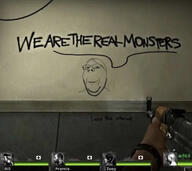 closed_mouth glasses graffiti internet_is_leaking left_4_dead_(series) left_4_dead_1 smile soyjak speech_bubble stubble subvariant:wholesome_soyjak text valve variant:gapejak video_game // 1284x1146 // 643.7KB