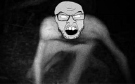 bald creepypasta glasses glowing_eyes irl_background monster open_mouth rake stubble teeth the_rake variant:feraljak // 1500x937 // 585.5KB