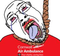 ack bloodshot_eyes cornwall cornwall_air_ambulance crying glasses hanging logo open_mouth red_tshirt rope soyjak stubble suicide text tongue variant:bernd // 768x719 // 83.0KB