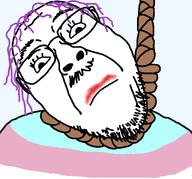 ack closed_mouth clothes eyelashes flag:transgender_pride_flag flag_shirt hanging lipstick looking_at_you moustache neutral noose purple_hair rope suicide tranny transgender_flag variant:bernd // 1295x1205 // 72.9KB