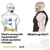arm buff chad christianity glasses hand holding_object nordic_chad open_mouth soy_milk soyjak stubble text variant:soyak // 1080x1080 // 146.0KB