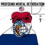 angry animal bald bear black_eyes black_hole black_sclera buffalo clenched_teeth closed_mouth cracked_teeth drool ear flag flag:missouri flag:united_states glasses hair iq iq_bell_curve latin_text missouri mustache nightmare_fuel no_pupils profound_mental_retardation retard soyjak star star_(symbol) state stubble text united_states variant:feraljak wrinkles // 1024x1024 // 137.6KB