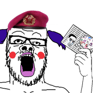 arm beret blue_hair blush clothes communism glasses hair hammer_and_sickle hand hat holding_object i_am_not_obsessed makeup mustache obsession open_mouth politics soyjak star stubble tranny variant:a24_slowburn_soyjak variant:chudjak // 600x453 // 111.5KB