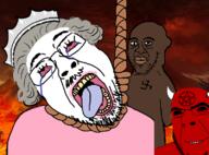 3soyjaks black_skin bloodshot_eyes clothes crying dead demon elizabeth_ii female fire full_body george_floyd glasses grey_hair grin hell horn lipstick ominous open_mouth pentagram pol_(4chan) queen red_skin rope smile soyjak stubble subvariant:floydjak suicide swastika tiara tongue united_kingdom variant:bernd variant:cobson variant:soyak yellow_teeth // 801x593 // 338.4KB