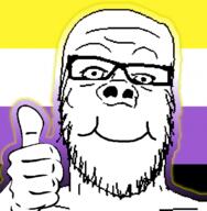 closed_mouth flag flag:non-binary_pride_flag glasses hand lgbt non-binary pride_flag soyjak stubble thumbs_up variant:a24_slowburn_soyjak // 600x612 // 129.2KB