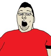 clothes fat glasses hair nikocado_avocado open_mouth redraw soyjak stubble tattoo text tshirt variant:cobson // 478x524 // 23.1KB